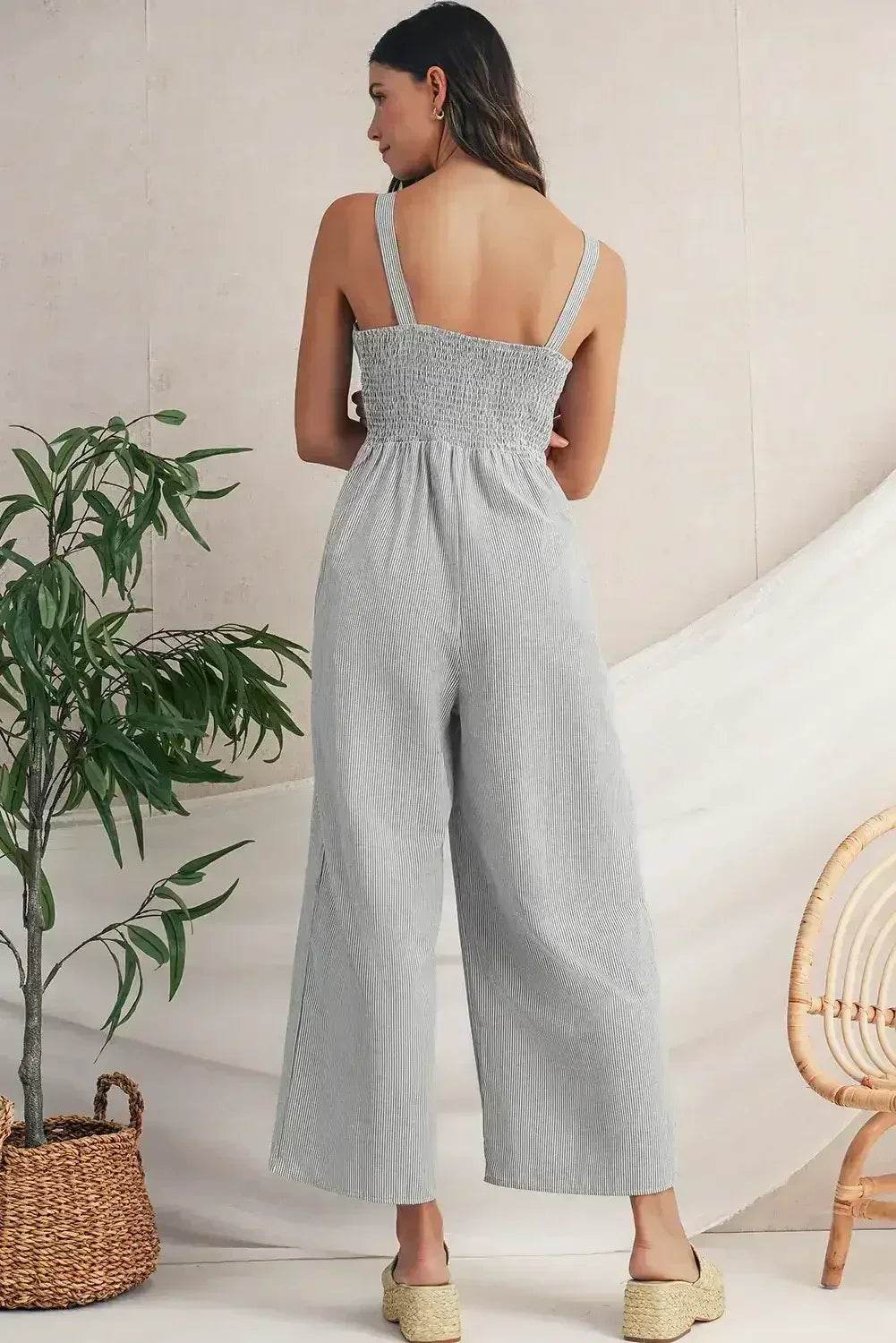 Black Stripe Half Buttoned Sleeveless Wide Leg Jumpsuit