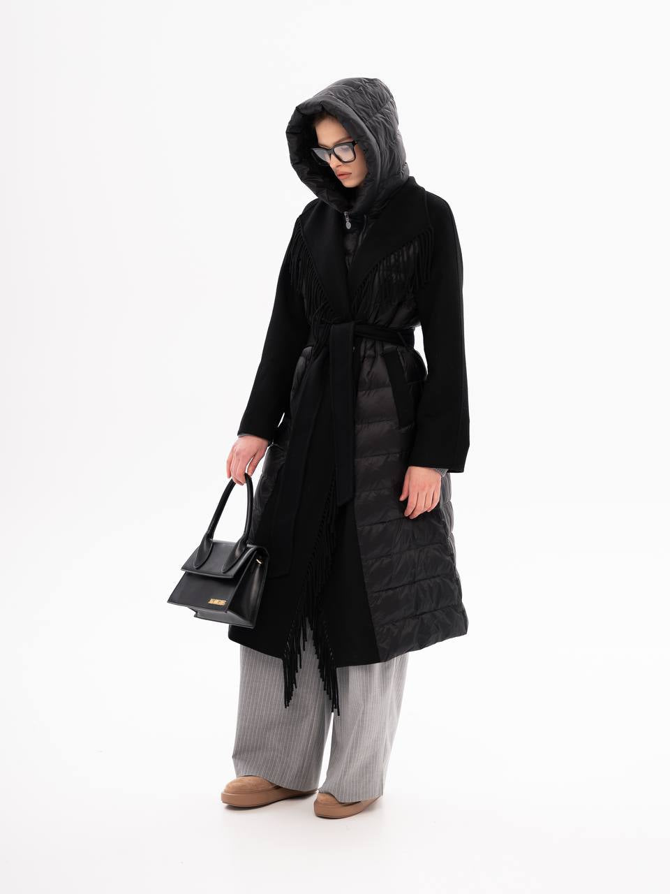 Manteau Kennedy en mélange de laine et duvet de luxe à franges, noir