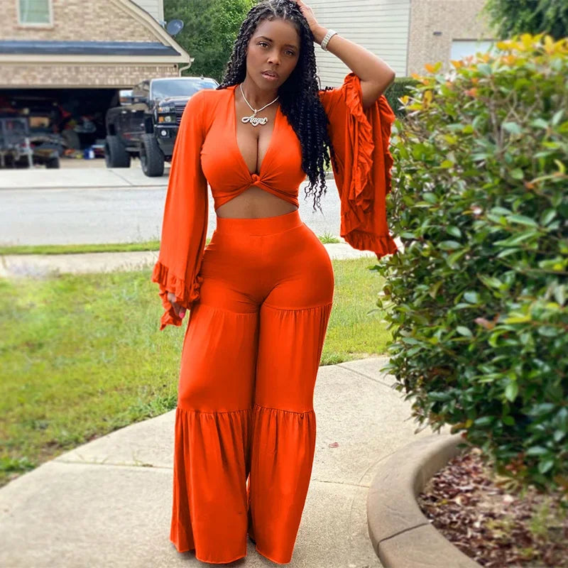 Casual Spring And Autumn For Women's Solid Color Long Sleeved Chest Wrap Top and Wide Leg Trousers Female Office 2 Piece Set