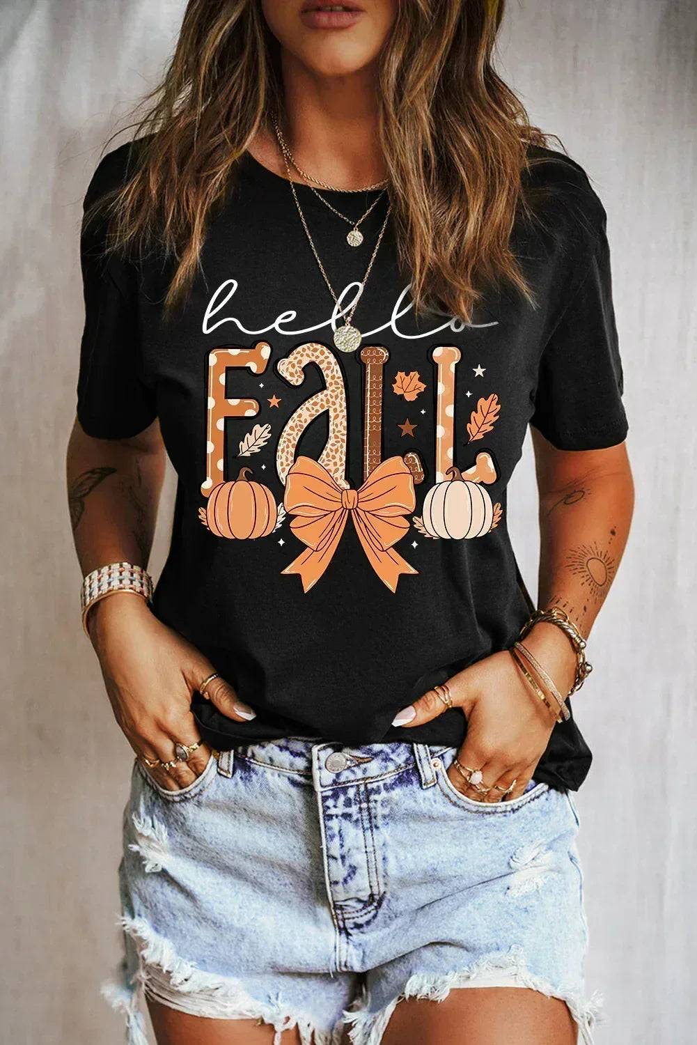 Black Hello Fall Thanksgiving Bow Pumpkin Graphic Tee