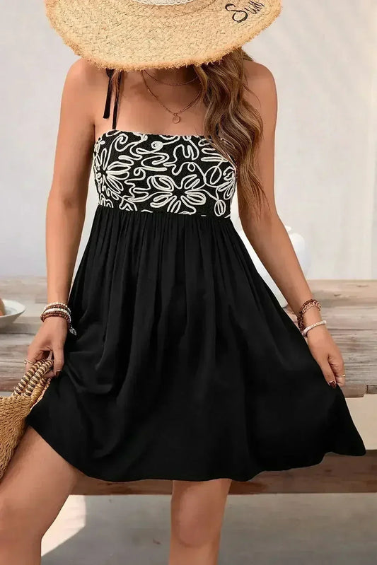 Black Floral Tie Straps Mini Dress