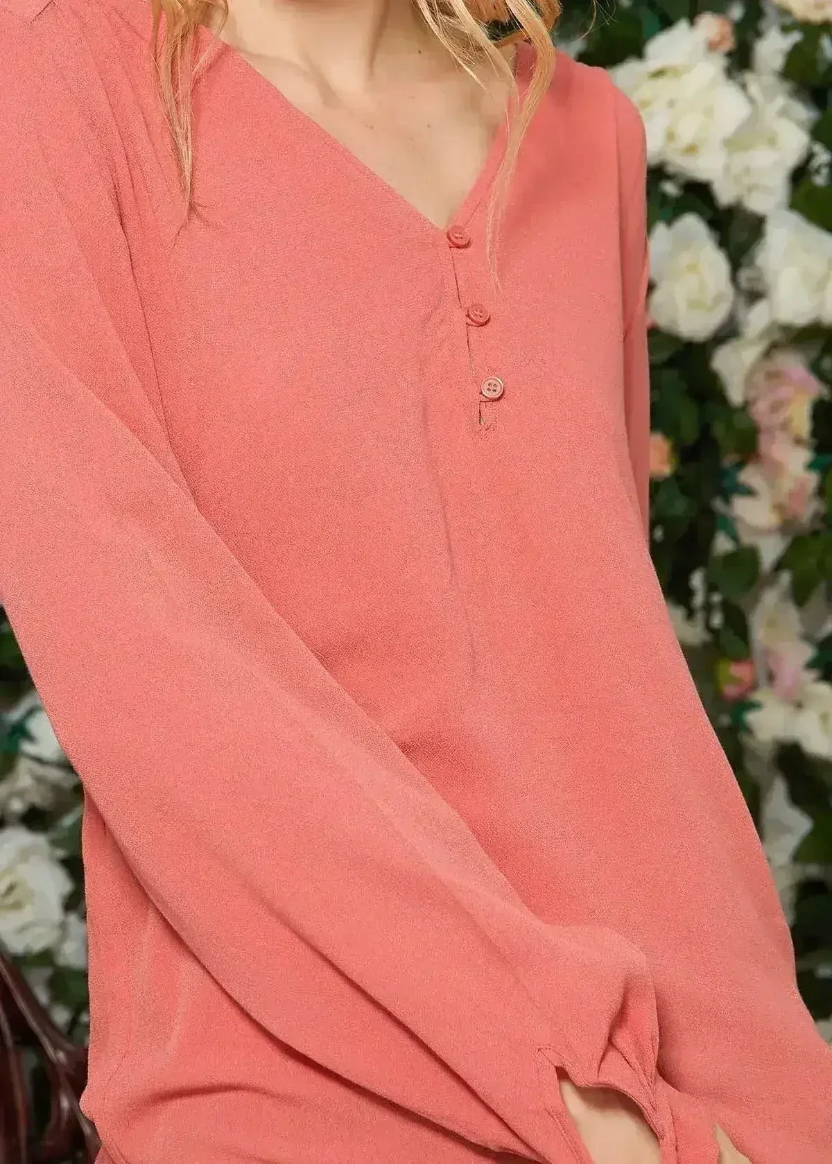 Blush V-neck Tie Cuff Blouse In Faded Coral | Femstylo