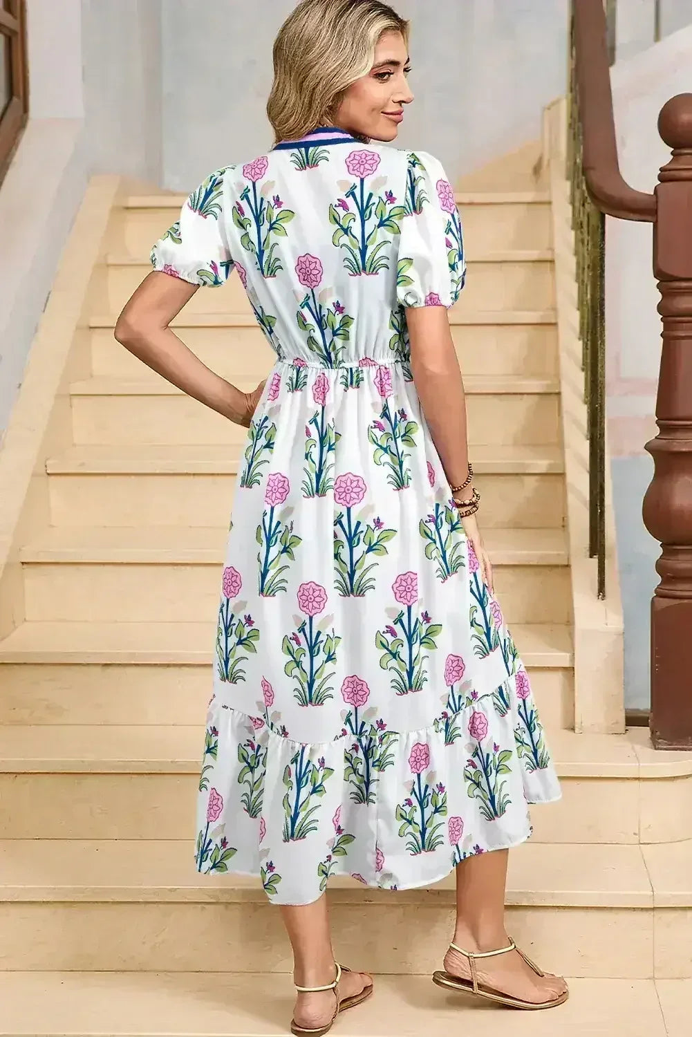 Blue Floral Ruffle Hem Pop of Color Neckline Dress