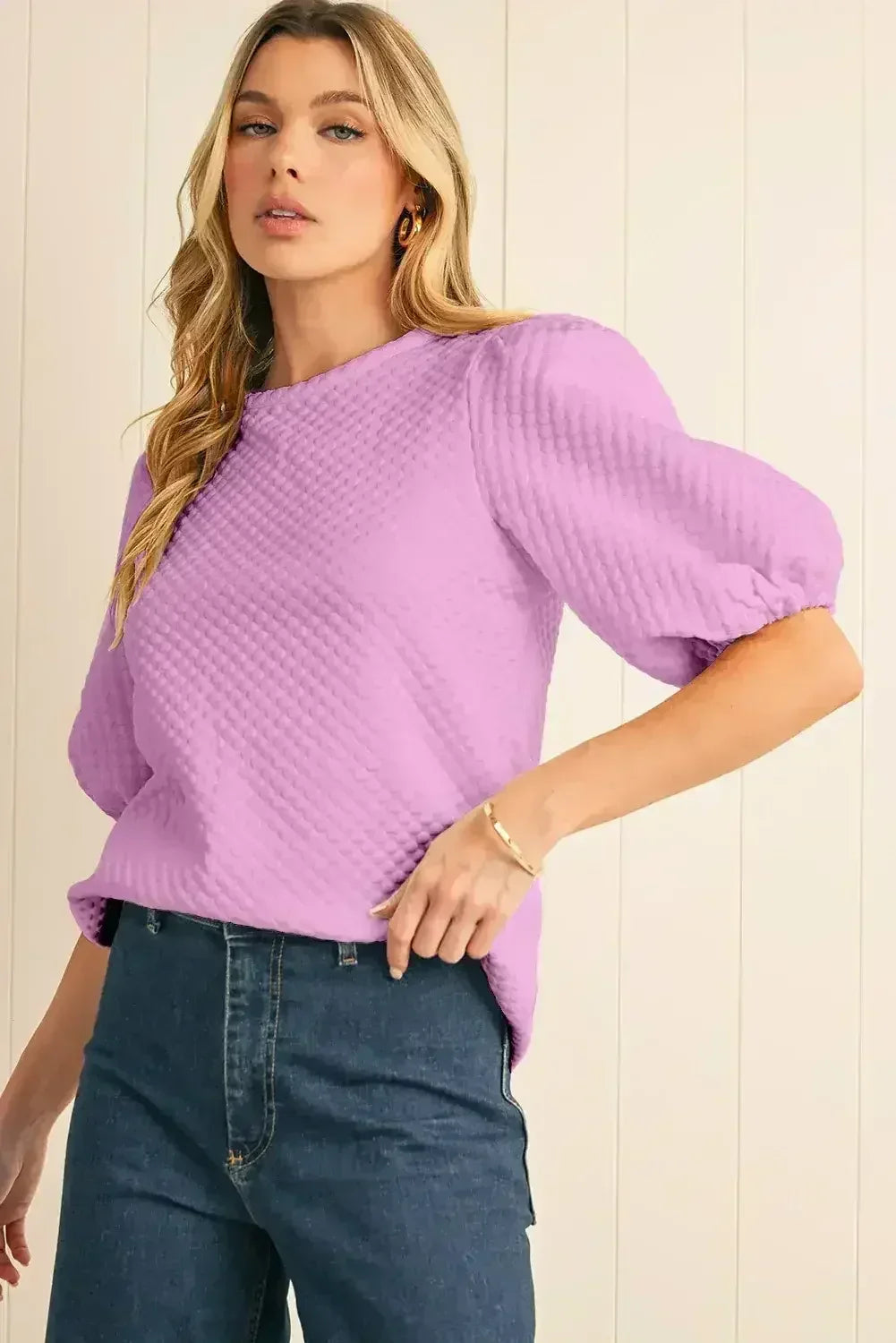 Phalaenopsis Solid Textured O Neck Puff Sleeve Blouse | Femstylo