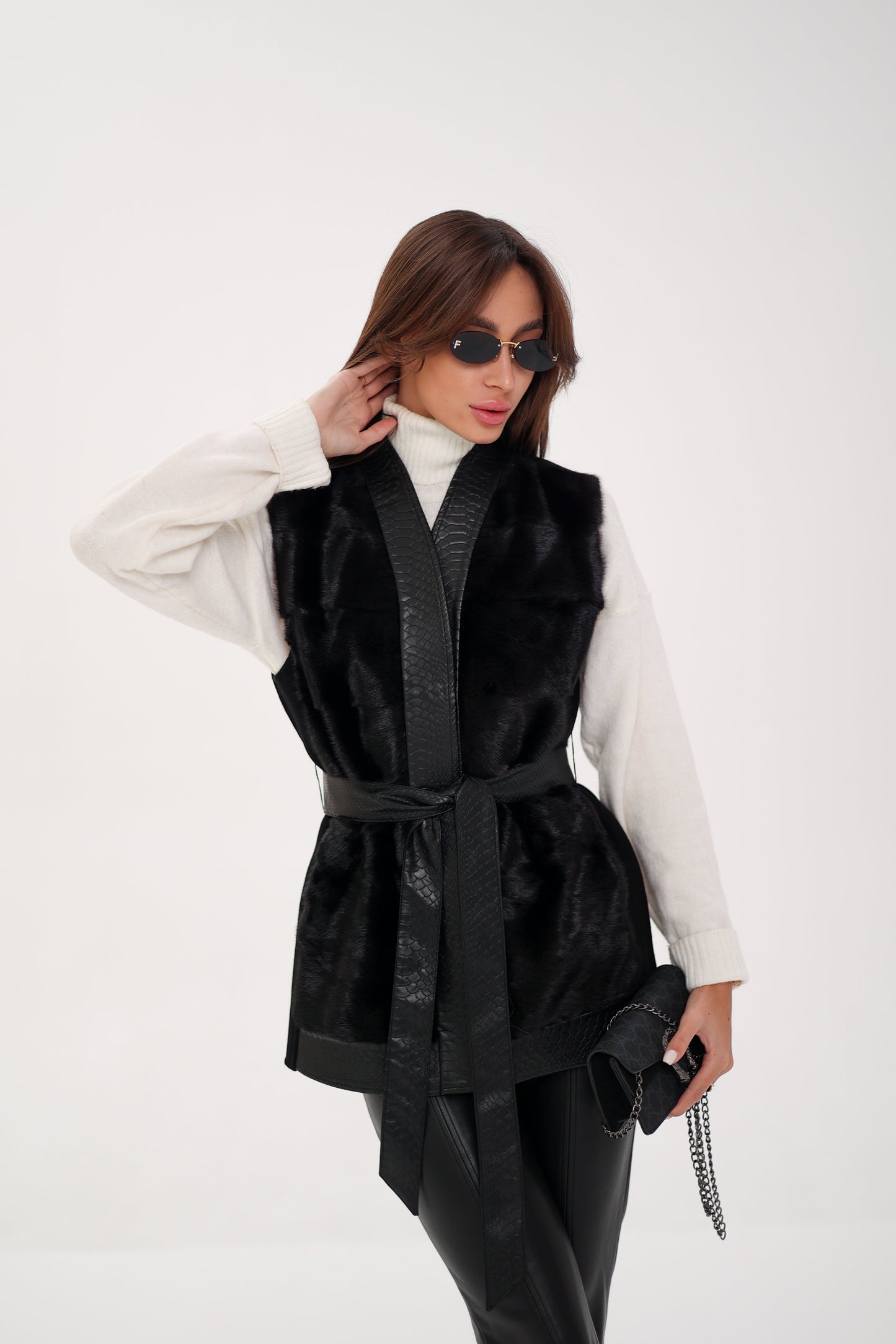 Genuine Mink Fur Leather Trim Wool Vest