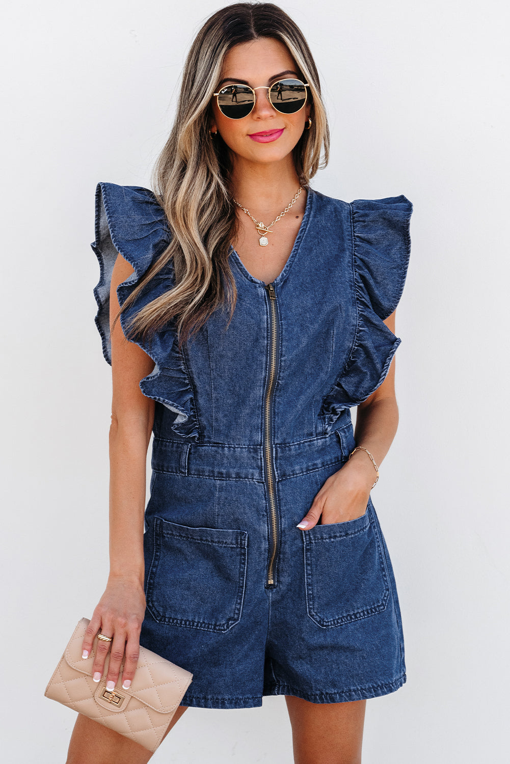 Amora Denim Ruffled Zipped Front Belted Romper