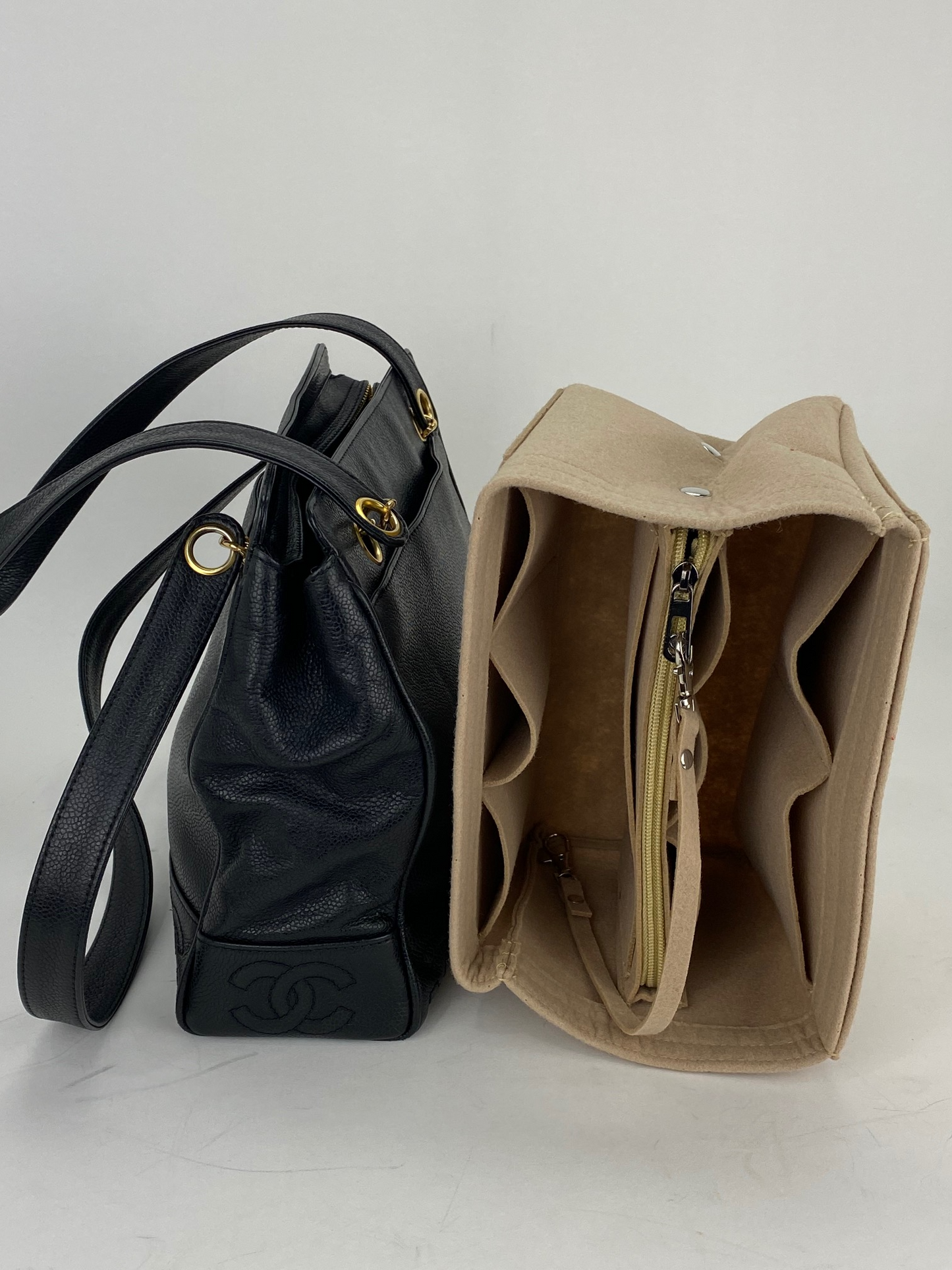 CHANEL Vintage Black Caviar Leather CC Zip Tote Shoulder Bag w/added insert  Pre owned