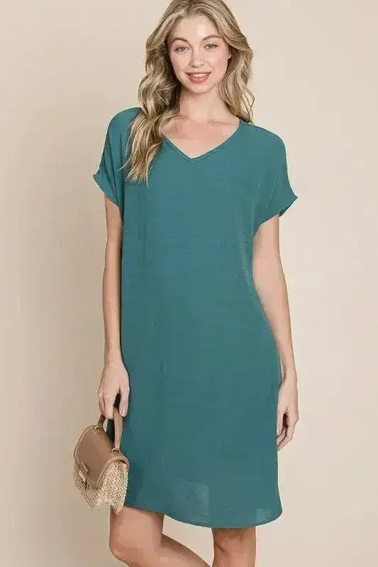 BOMBOM V-Neck Short Sleeve Dress with Pockets
