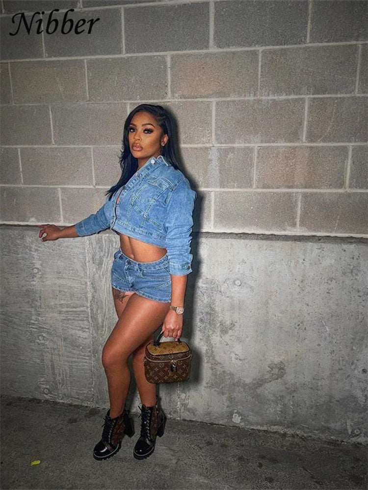 Nibber Denim Fabric Autumn Trend Two Piece Set Patchwork Women Lapel Short Jacket + Slim Fitting Super Shorts Sexy Street Suits