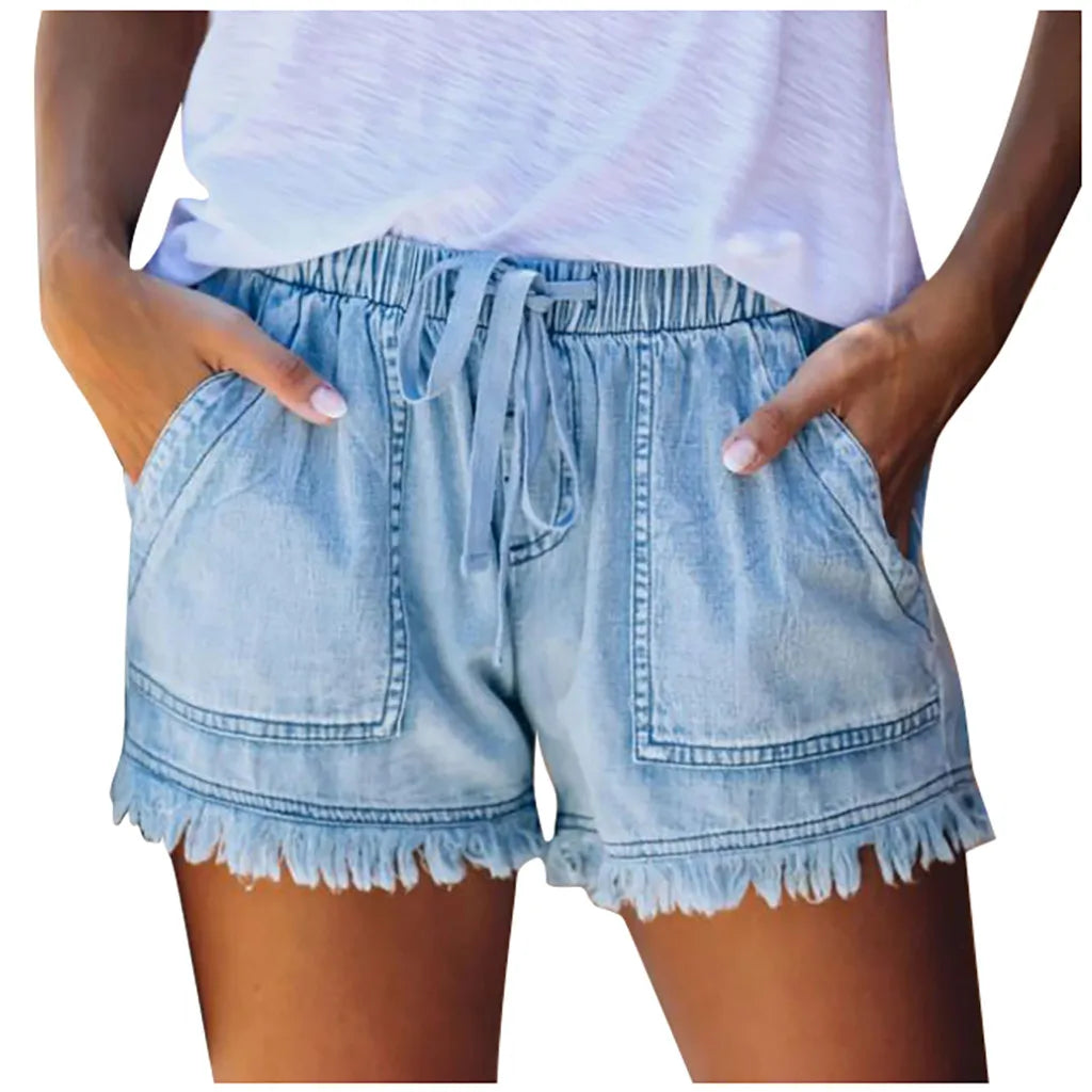 Jean Shorts for Women's Drawstring Elastic Waisted Casual Denim Shorts with Pocket Tassel Hem Soft Summer Trendy Jeans