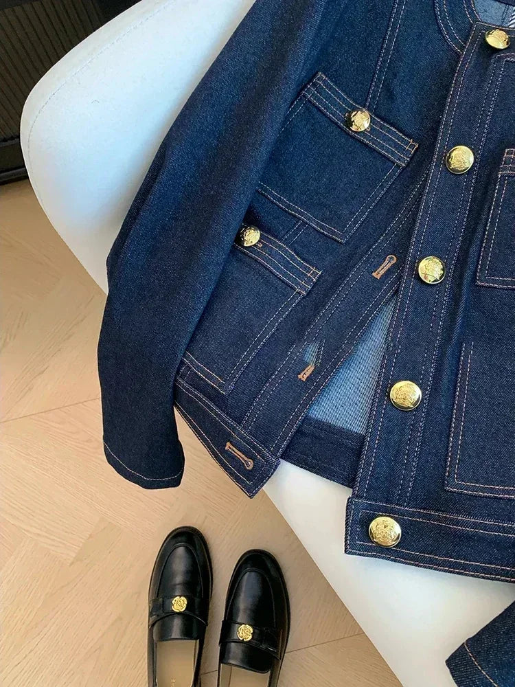 Blue Denim Top Women Autumn Classic Style Short Coat New Korean Fashion  Chic Pockets O-Neck Female Ropa De Mujer Loose Jackets