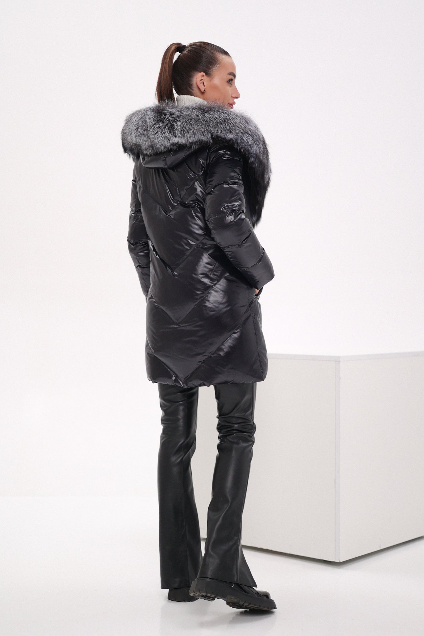 Genuine Silver Fox Fur Down Fill Coat