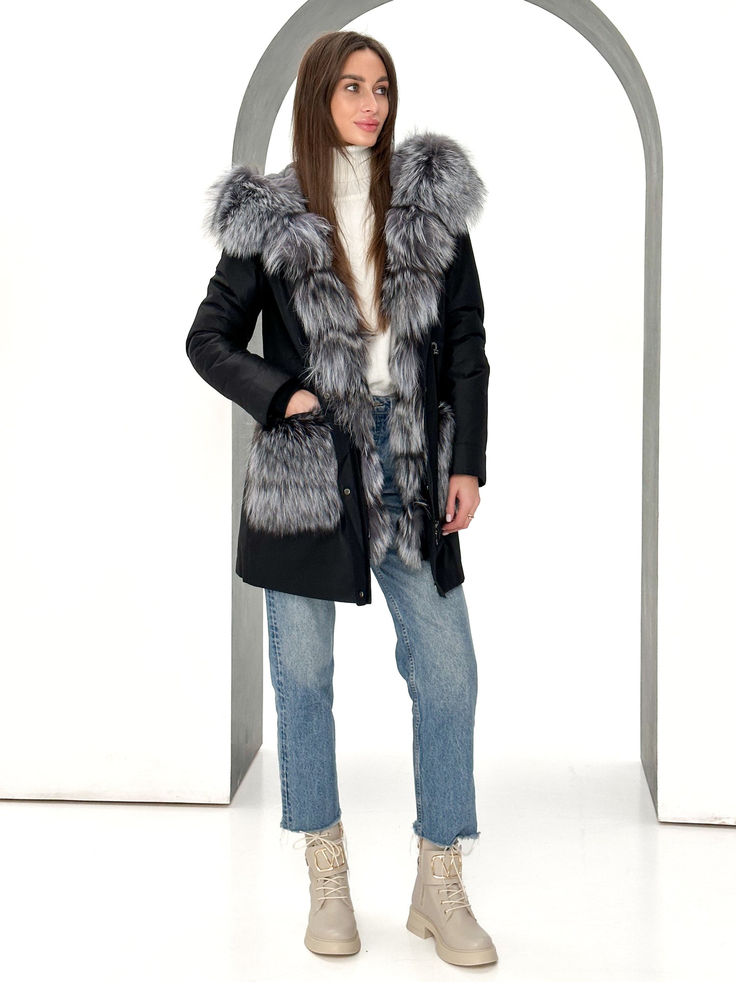 Genuine Silver Fox Fur Rabbit Fur Insulated Parka