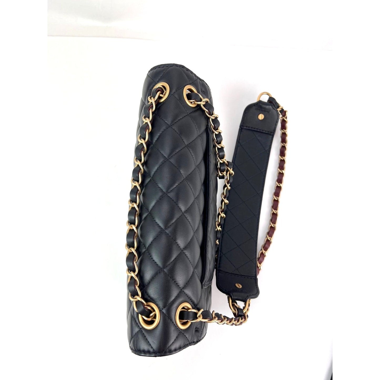 Chanel Calfskin Quilted Strap into Flap Black Burgundy Shoulder Bag