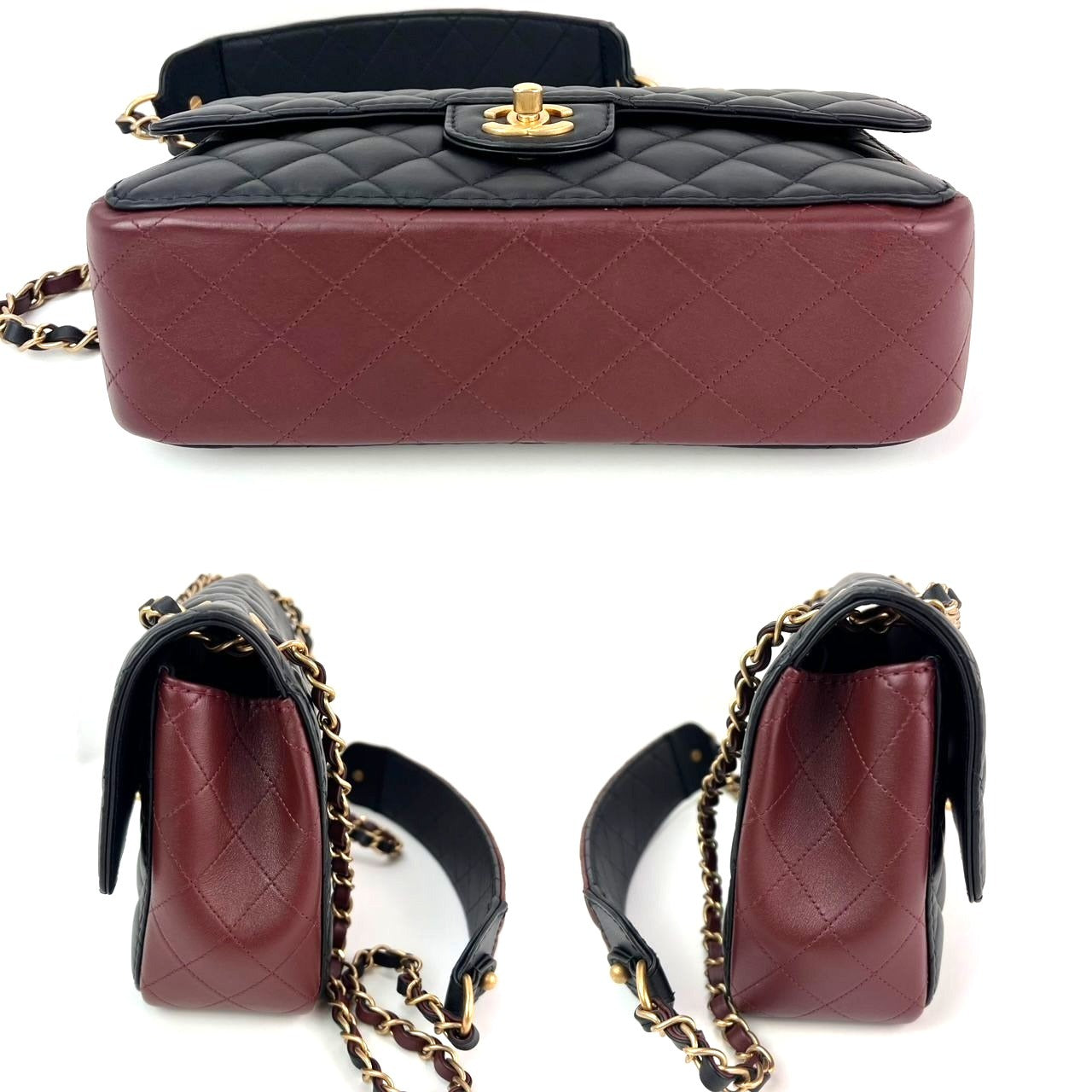 Chanel Calfskin Quilted Strap into Flap Black Burgundy Shoulder Bag