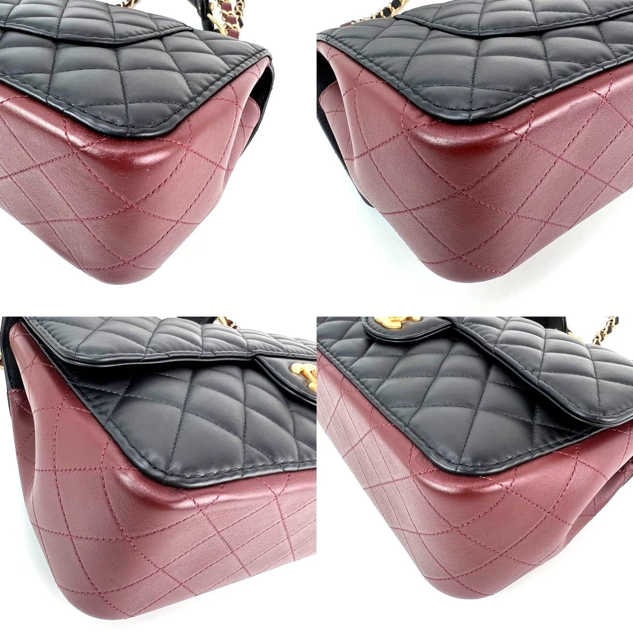 Chanel Calfskin Quilted Strap into Flap Black Burgundy Shoulder Bag