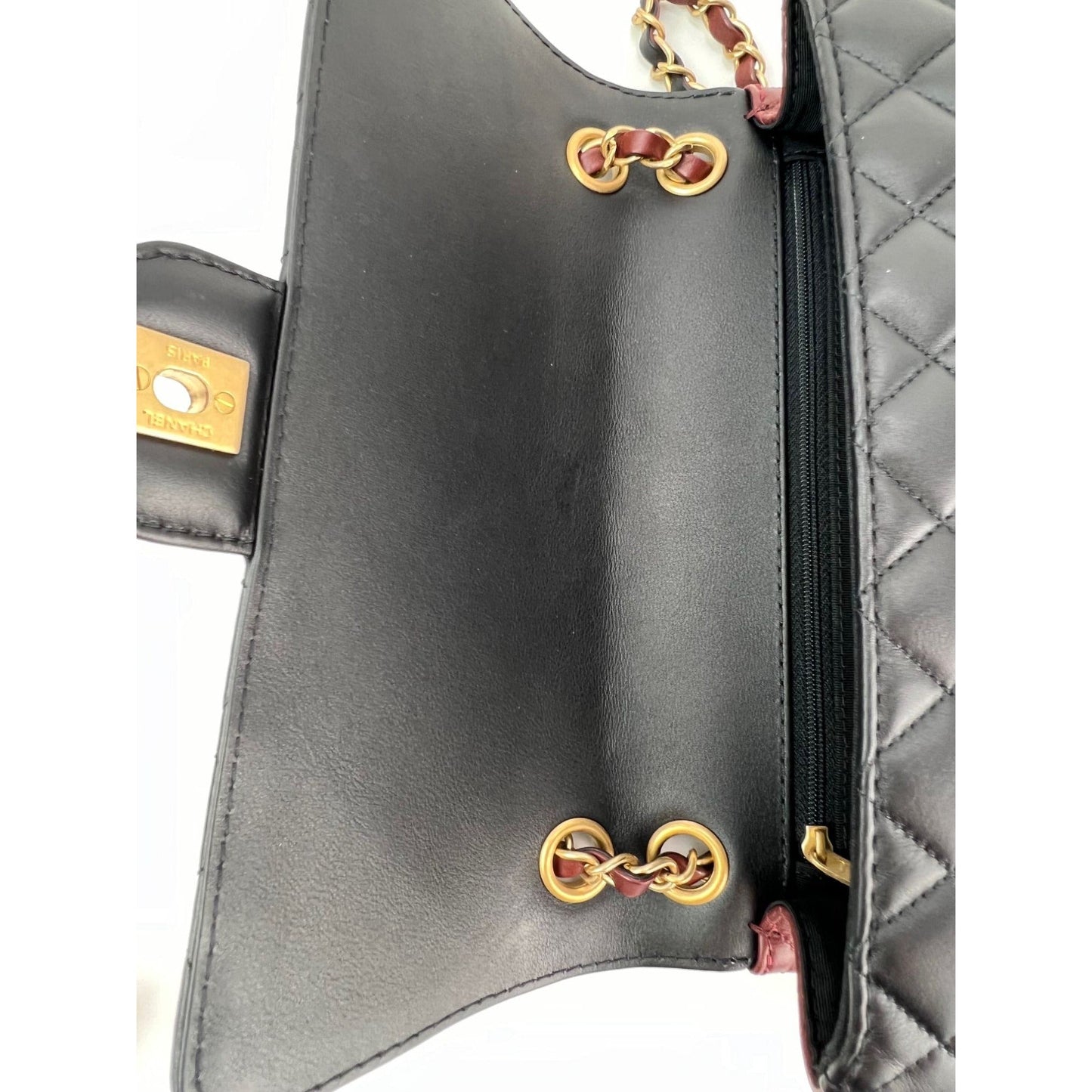 Chanel Calfskin Quilted Strap into Flap Black Burgundy Shoulder Bag