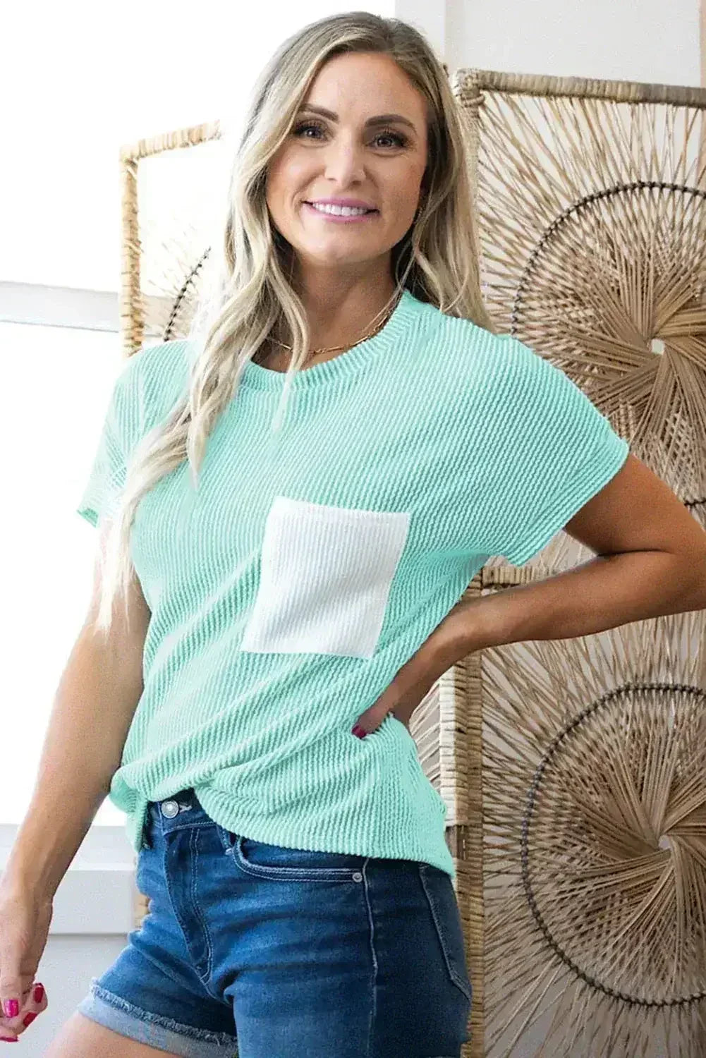 Pink Corded Colorblock Pocket Crew Neck T Shirt