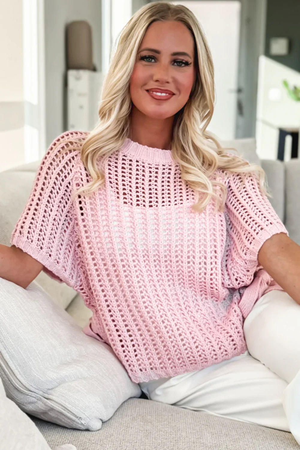 Pink Side Tie Hollow-out Crochet Knit Top