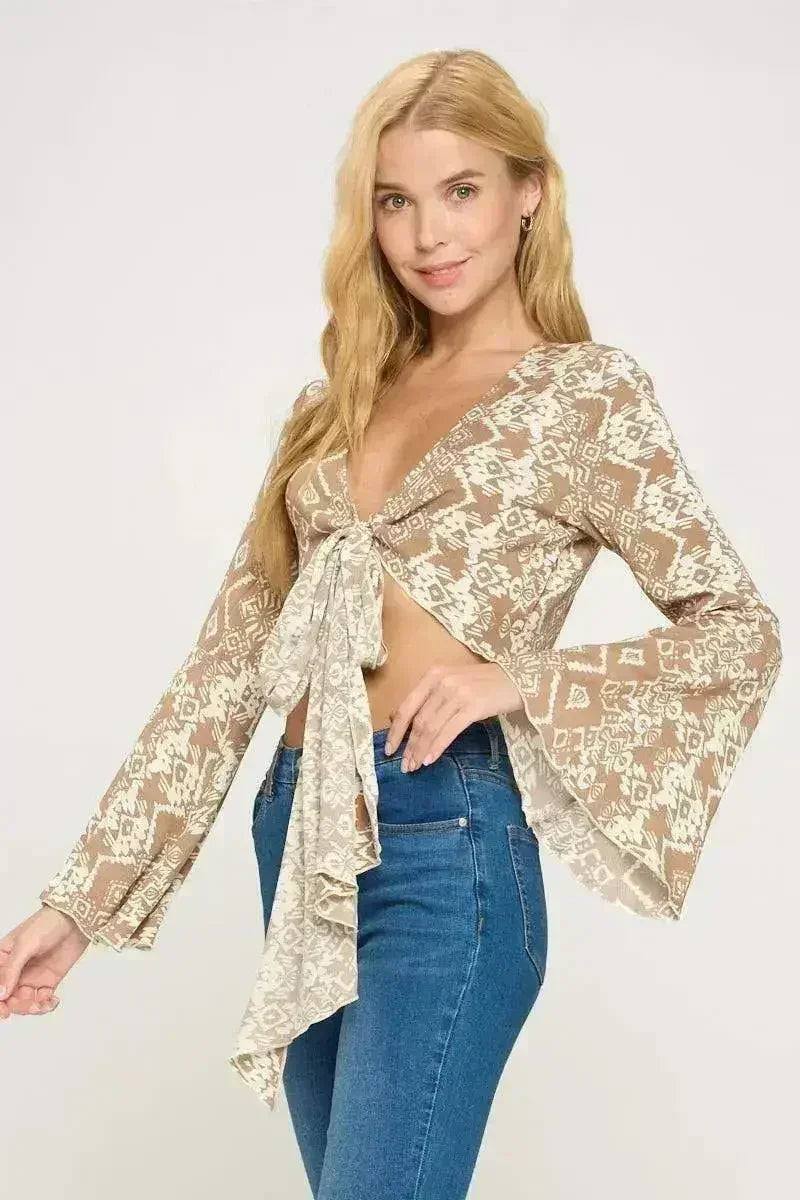 Boho Bell-Sleeve Crop Top | Floral Tie-Front | Sizes S-XL | Femstylo