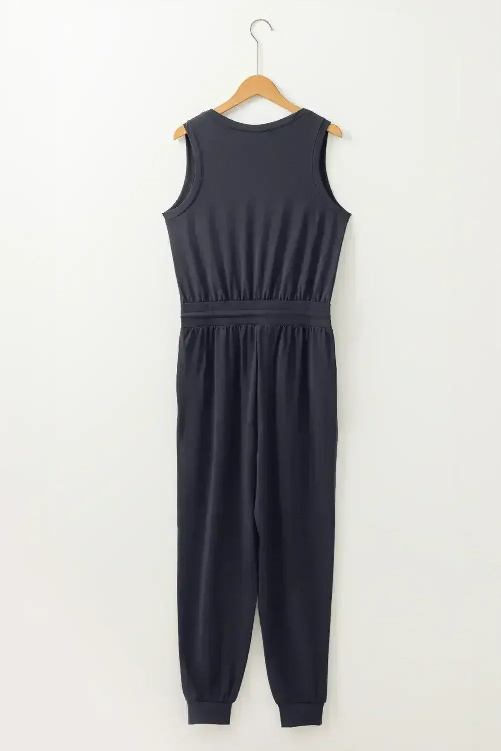 Black Casual Tank Style Tie Waist Pocketed Jogger Jumpsuit