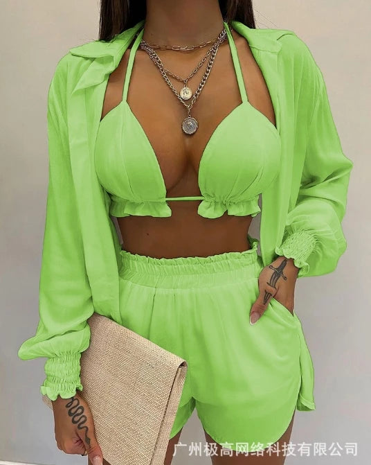 Lantern sleeve shirt and pocket design shorts set, solid color with ruffled edges and exposed navel top, new for 2025