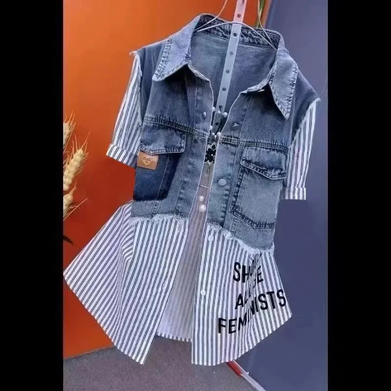 Women Denim Jacket Fake Two Denim Shirts 2025 New Spring Summer Autumn Casual Fashion Joker Stitching Striped Tops Coat Female