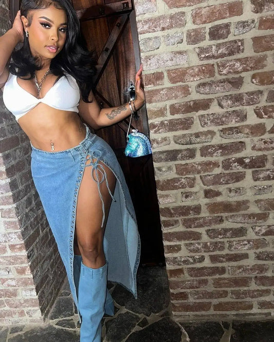 lace up Skirts For Women Elegant High Waisted Denim Skirt For Women Summer Chic Asymmetrical Split Hem Slimming Mid side spit Sk