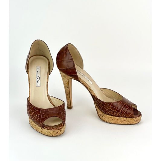 Oscar de la Renta Peep Toe Crocodile Cork Heel Shoe