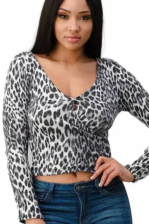 Animal Print Crop Top - Ruched Long Sleeve Blouse in Grey & Brown | Femstylo
