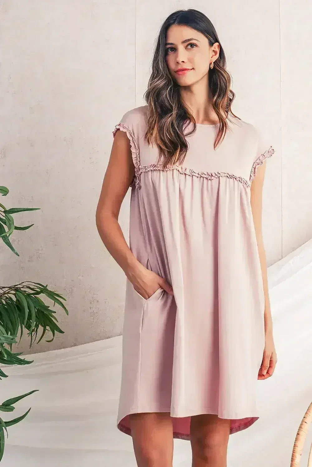 Oatmeal Frilled Trim Crewneck Loose Fit Mini Dress