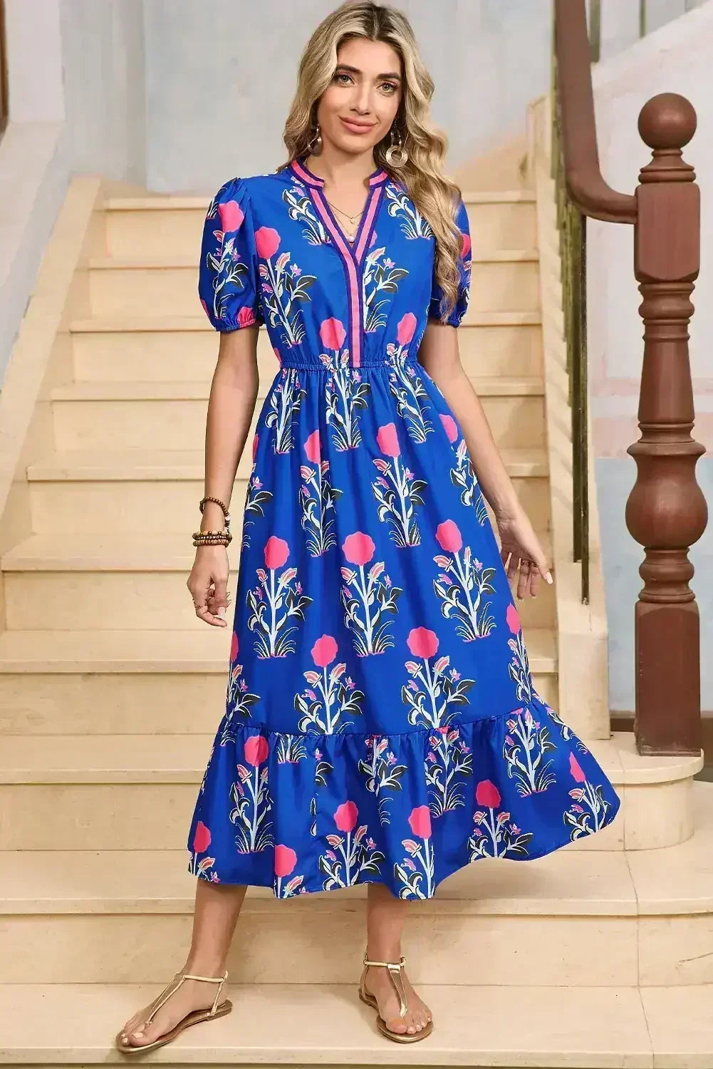 Blue Floral Ruffle Hem Pop of Color Neckline Dress