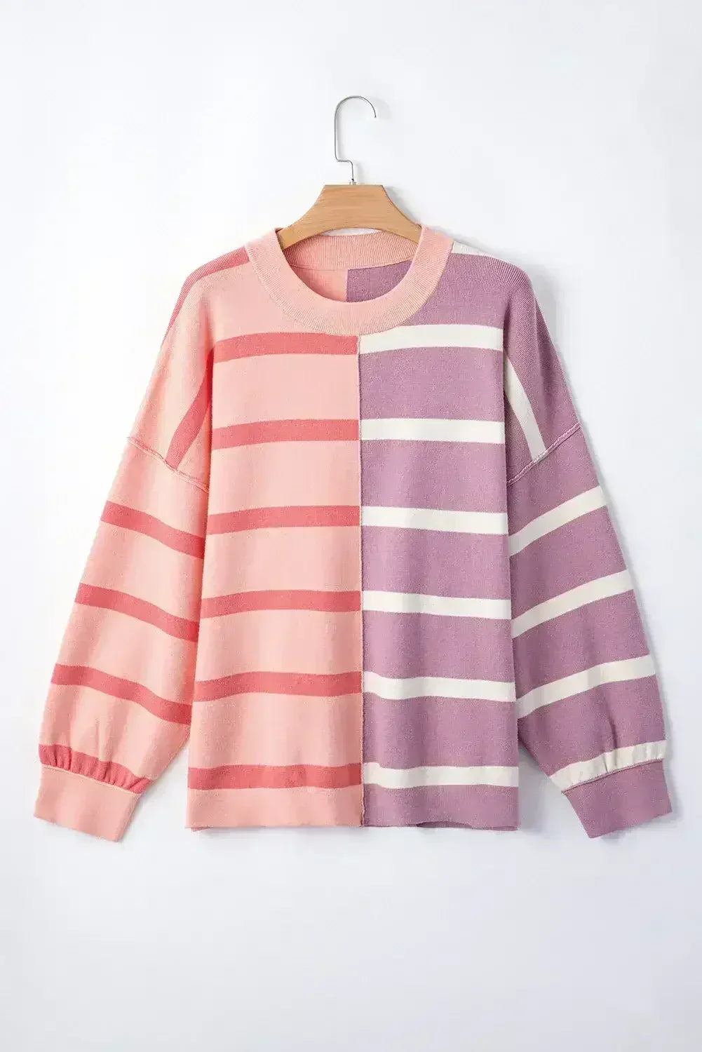Pink Striped Patchwork Drop Shoulder Sweater