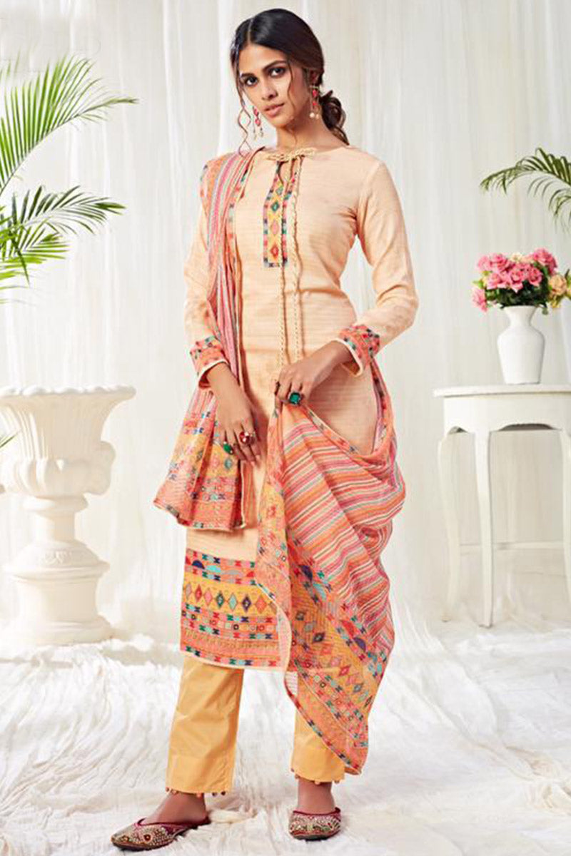 Peach Printed Cotton Suit Set with Mustard Pant & Multicolor Dupatta