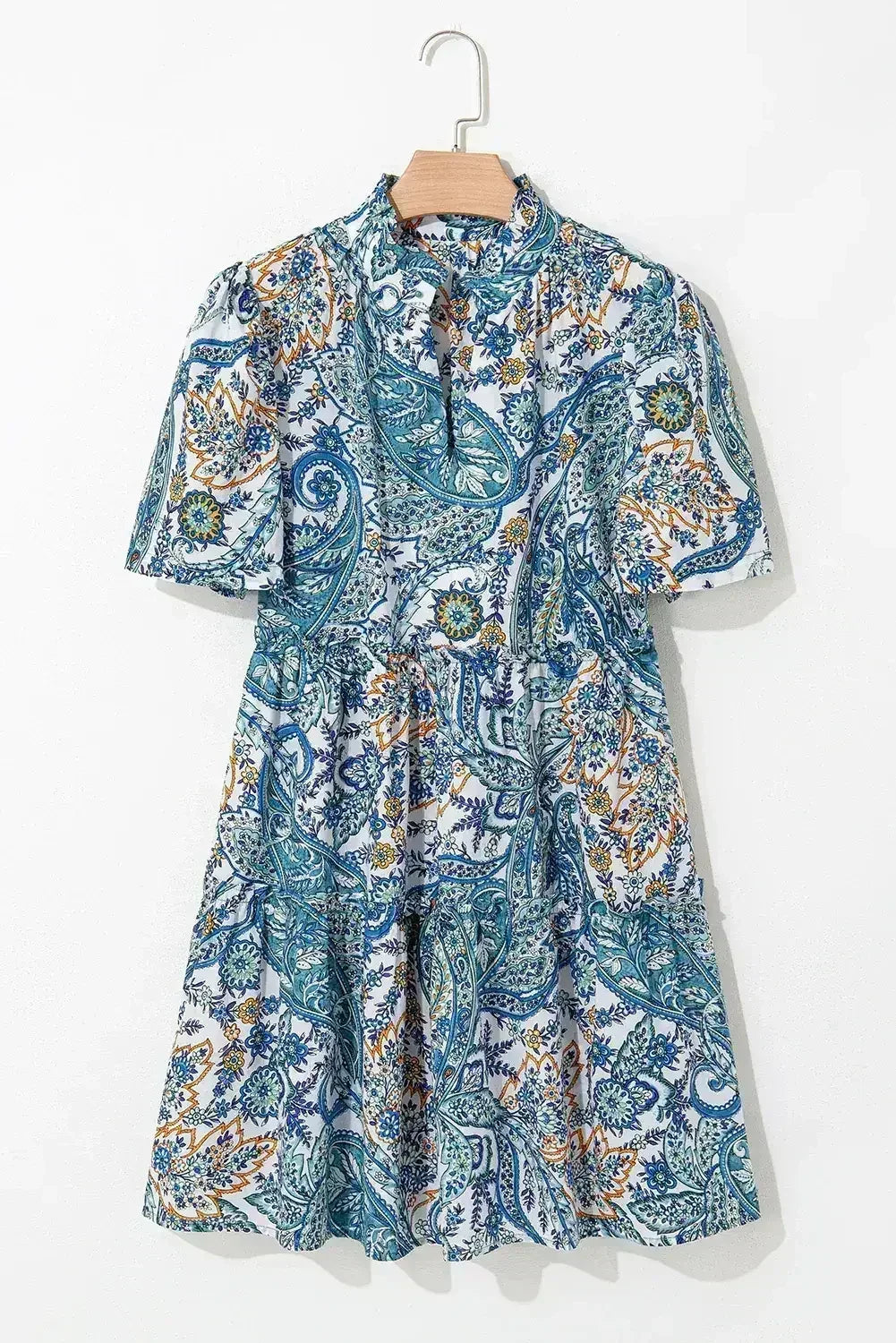 Blue Bohemian Paisley Floral V Neck Puff Sleeve Mini Dress