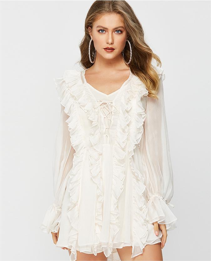 Spring Summer Ruffles Waist Tight Slimming VNeckline Laceup Sexy Waist Trimming Dress Fairy Super Fairy Sweet