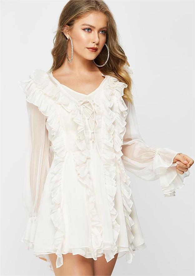 Spring Summer Ruffles Waist Tight Slimming VNeckline Laceup Sexy Waist Trimming Dress Fairy Super Fairy Sweet