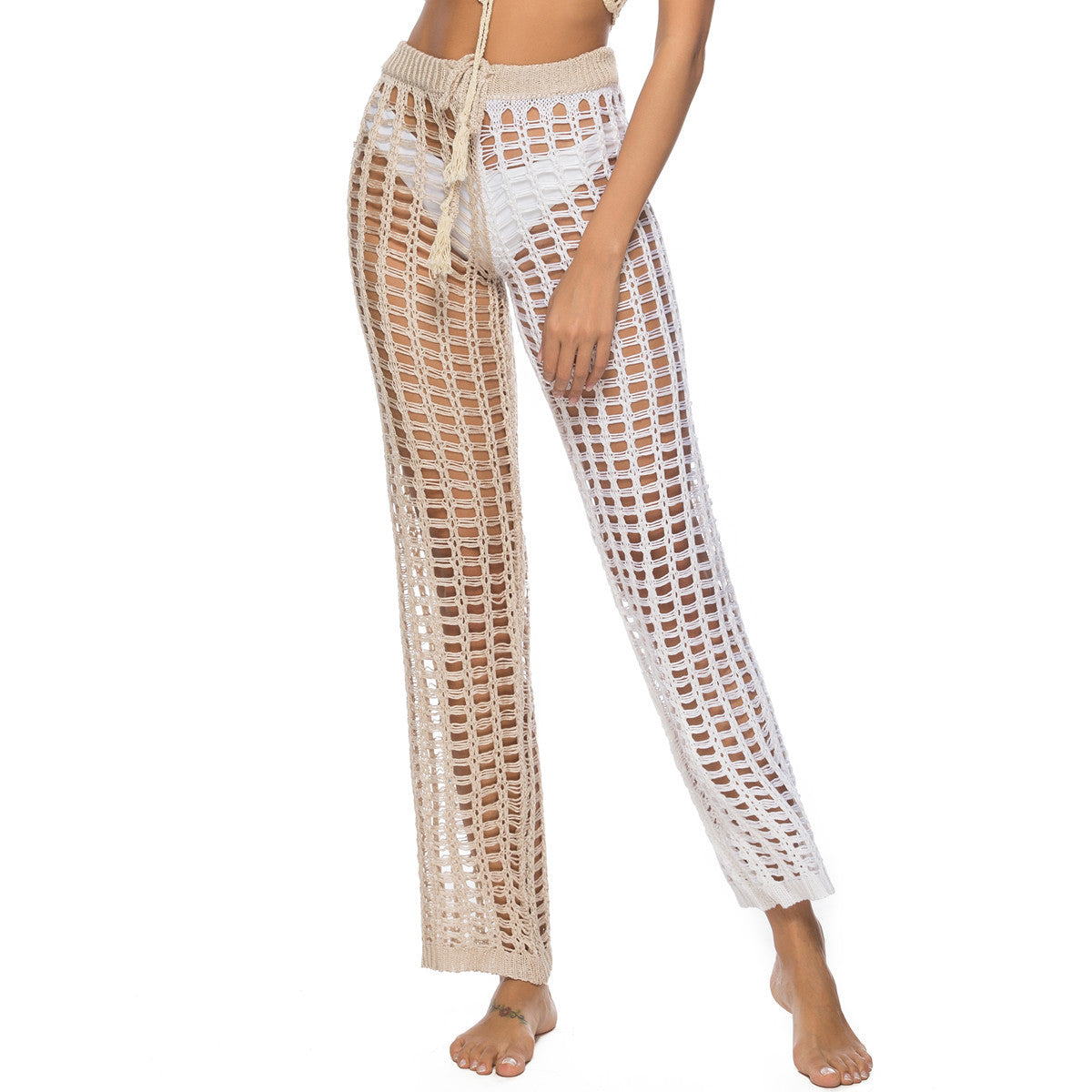 Nightclub Crocheted Hollow-out Two-color Trousers Sexy Belt Beach Pants