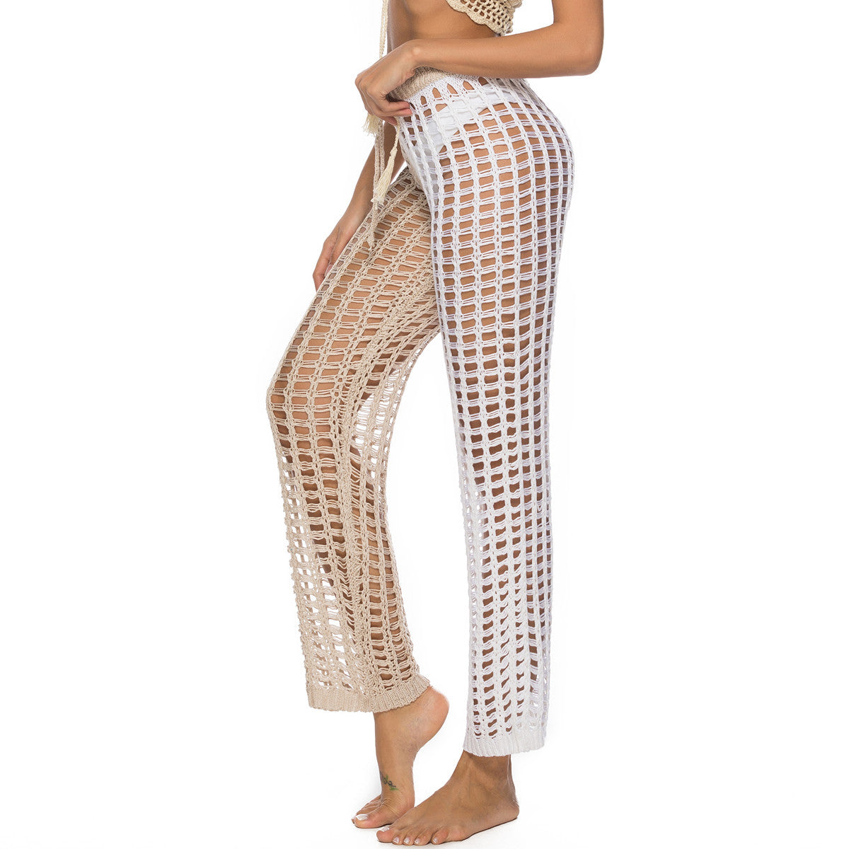 Nightclub Crocheted Hollow-out Two-color Trousers Sexy Belt Beach Pants