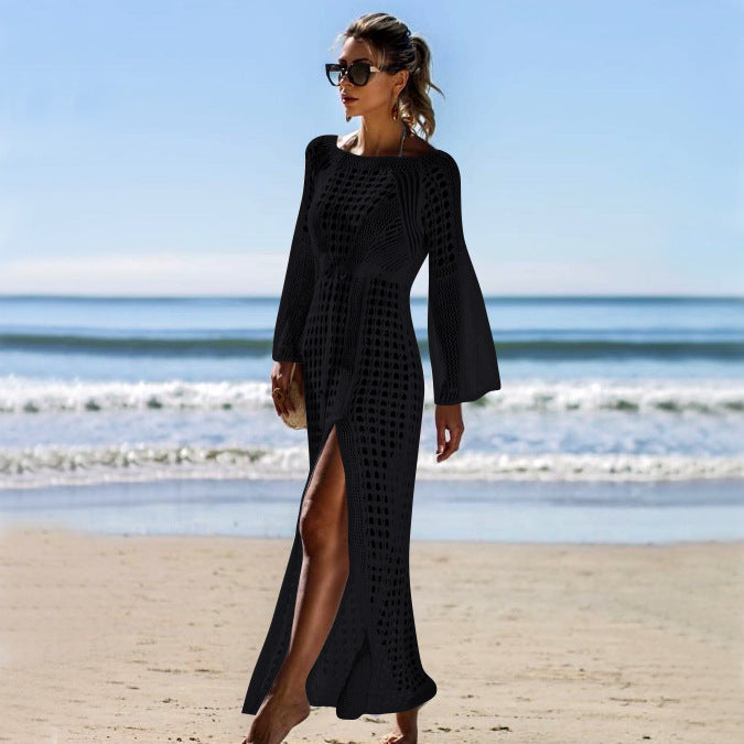 Sexy Cutout Knitted Beach Dress Long Sleeve Split Vacation Dress Swimsuit Blouse Sun Protection Clothing Crochet hook