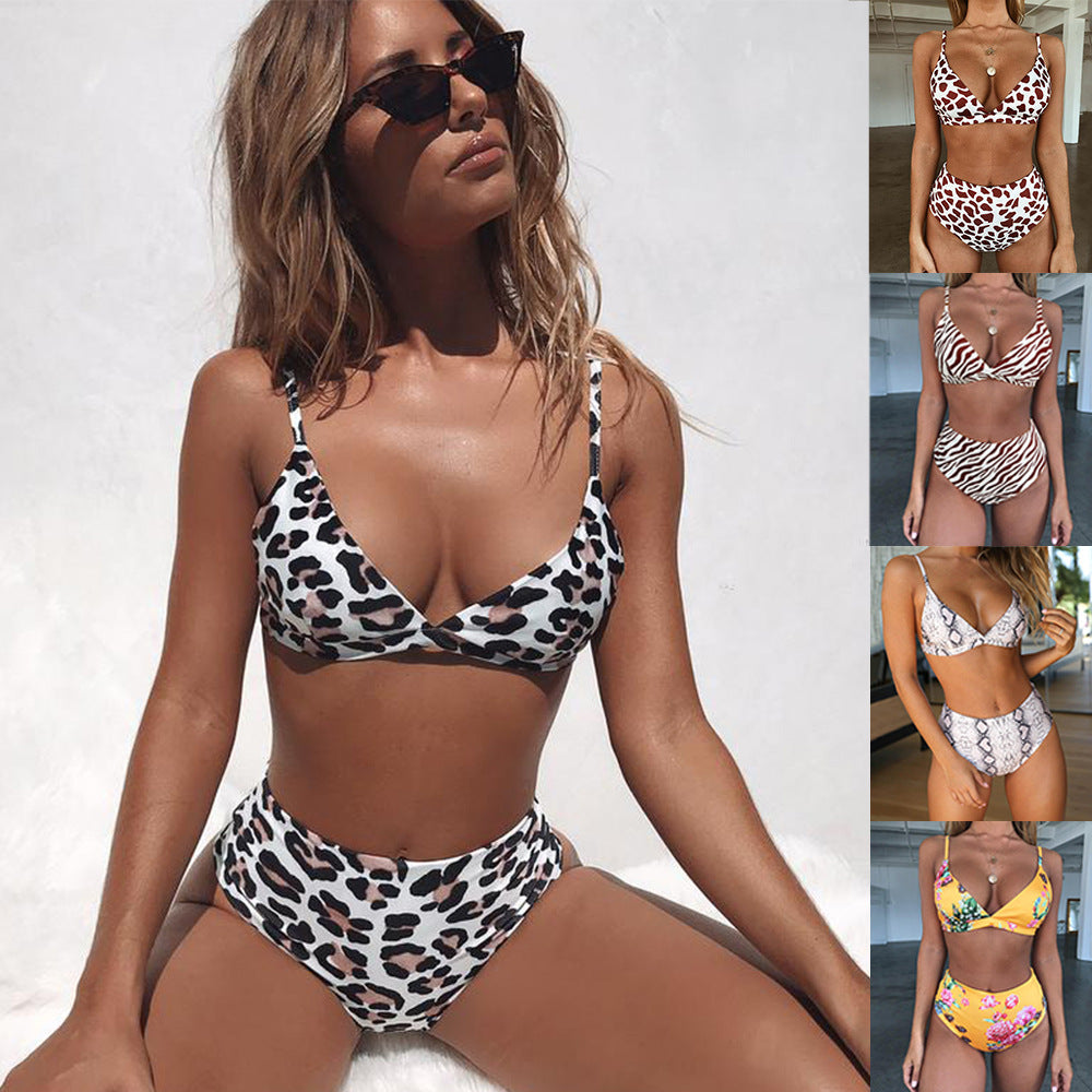 Snakeskin Leopard Print Bikini Women Split Cotton Print High Waist Swimsuit