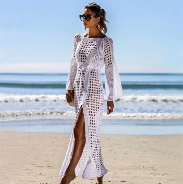 Sexy Crochet Beach Skirt Long Sleeve Split Skirt Vacation Dress Swimsuit Blouse Sun Protection Clothing Crochet hook