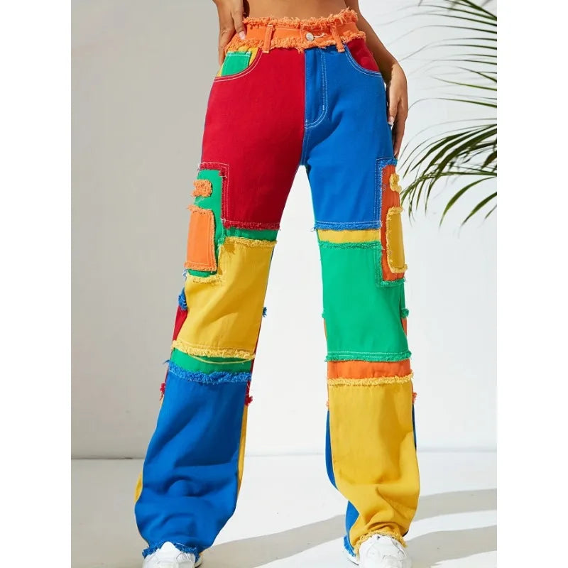 Distressed Color Patchwork Women Denim Pants Fringe High Waist Zipper Fly Jeans 2023 Fall Winter Y2K Streetwear Sexy Club Outfit