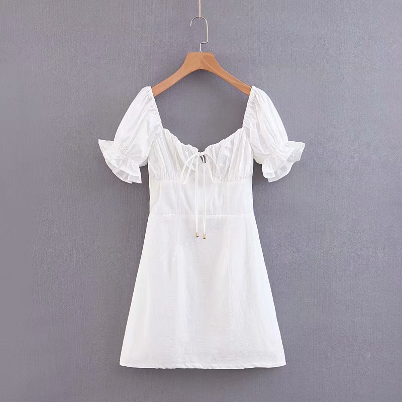 Vintage Court Sexy Tube Top Lace up Slim Fit Slimming White Puff Short Sleeve Eyelet Embroidery Dress for Women