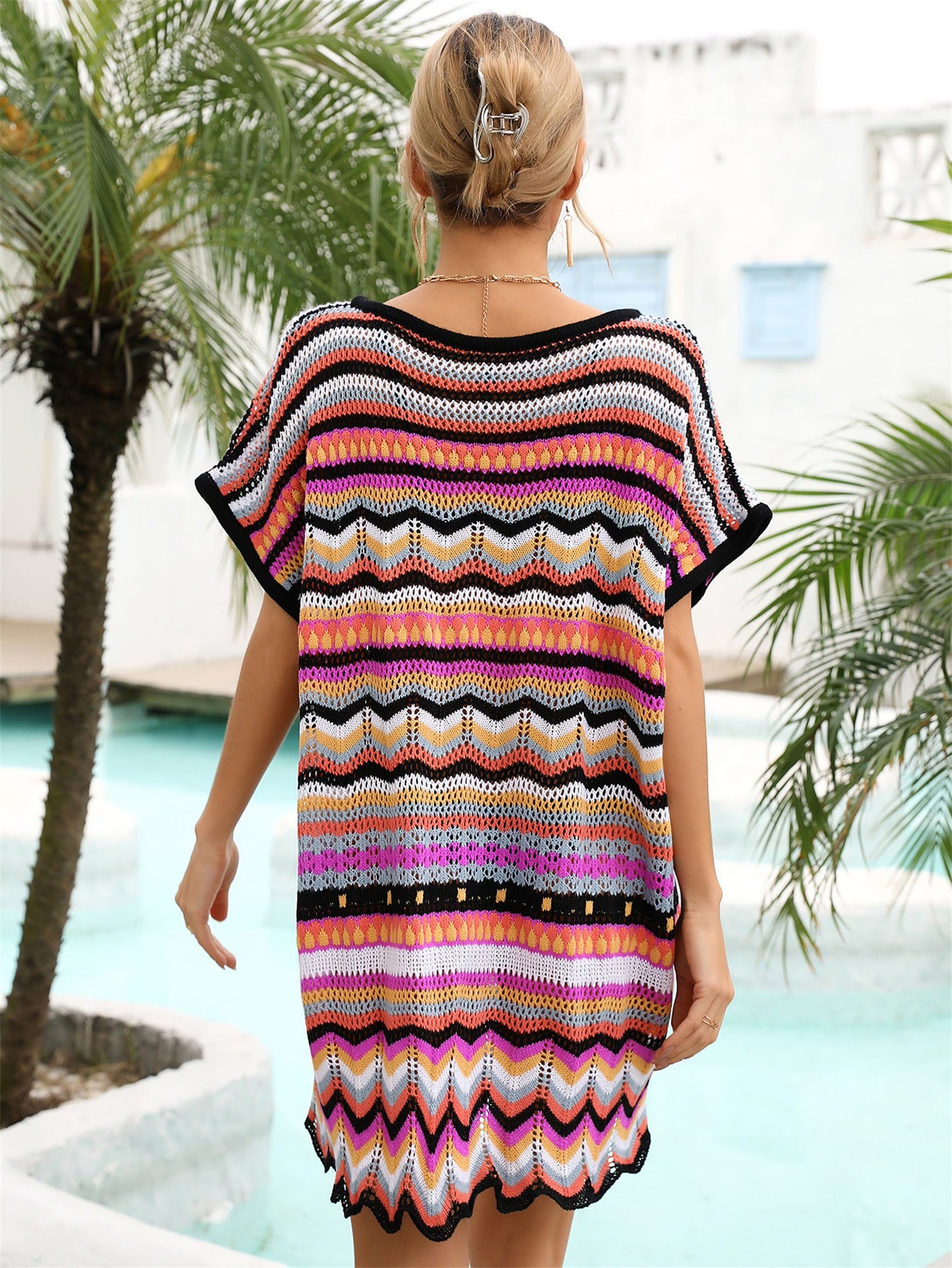 Summer Vacation Seaside Stitching Multicolor Cutout Beach Swimsuit Blouse Women