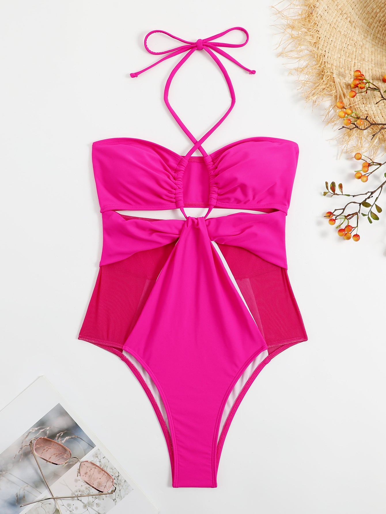 Solid Color One Piece Swimsuit Women Swimsuit Mesh Stitching Rose Red Hollow Out Cutout Siamese Bikini