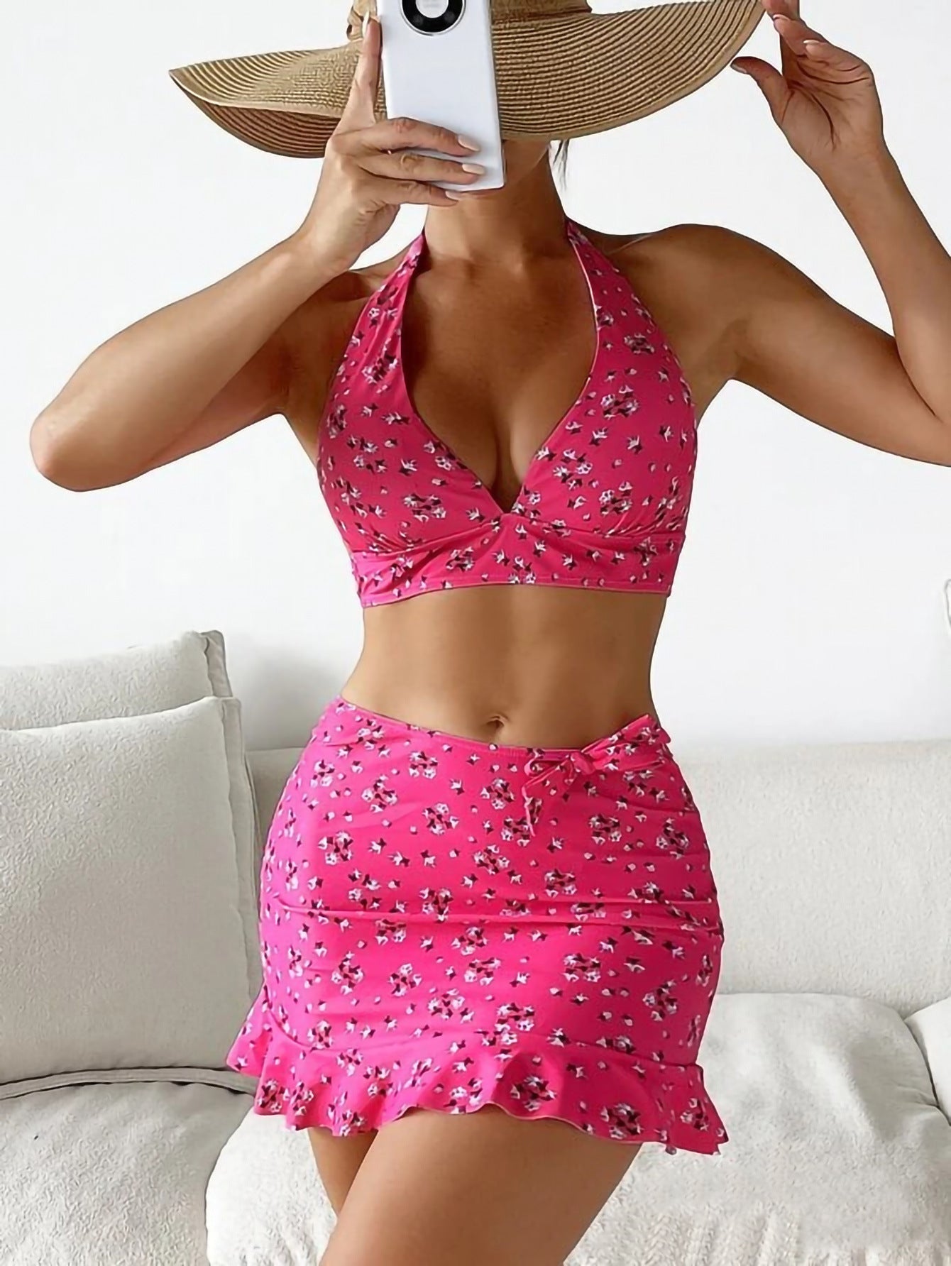 Swimsuit Women Split Three Piece Floral Internet Celebrity Cami Dress Bikini