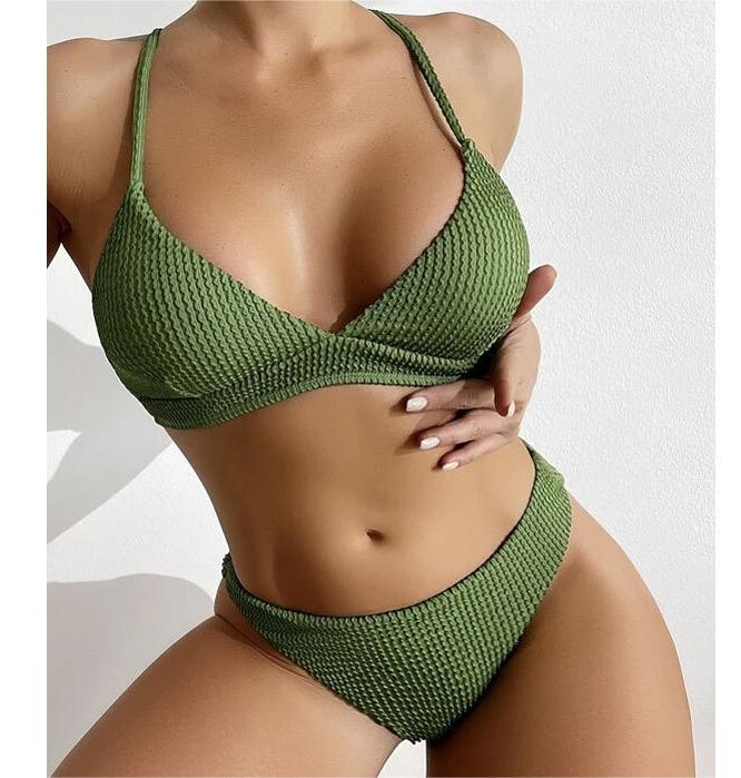 Women Seperated Swimwear Sunken Stripe Solid Color Sexy Bikini Swimsuit
