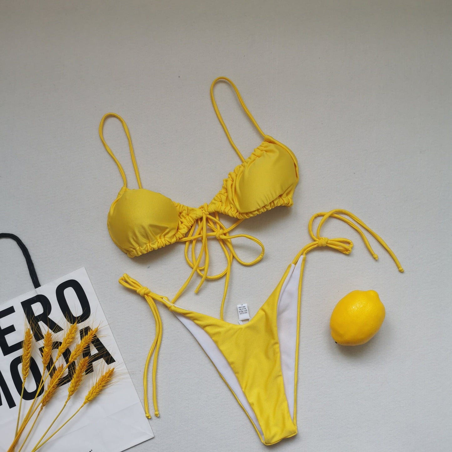 Sling Bandage Swimsuit Women Pleated Push up Drawstring Sexy Solid Color Bikini Swimsuit