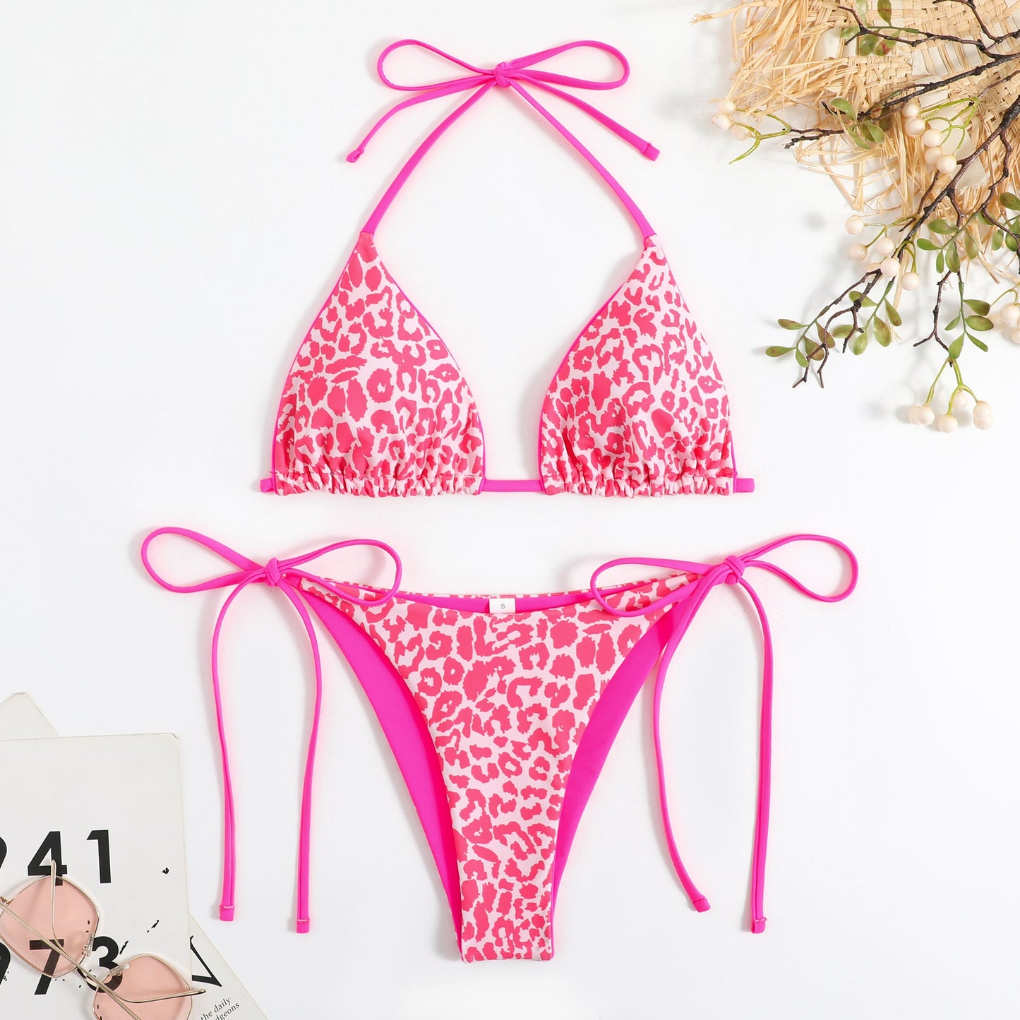 Printing Lady Sexy Lace Up Triangle Split Bikini Swimsuit
